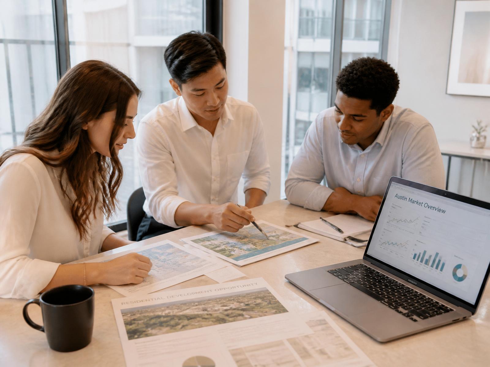 Early-career professionals reviewing a residential real estate acquisition alongside experienced operators