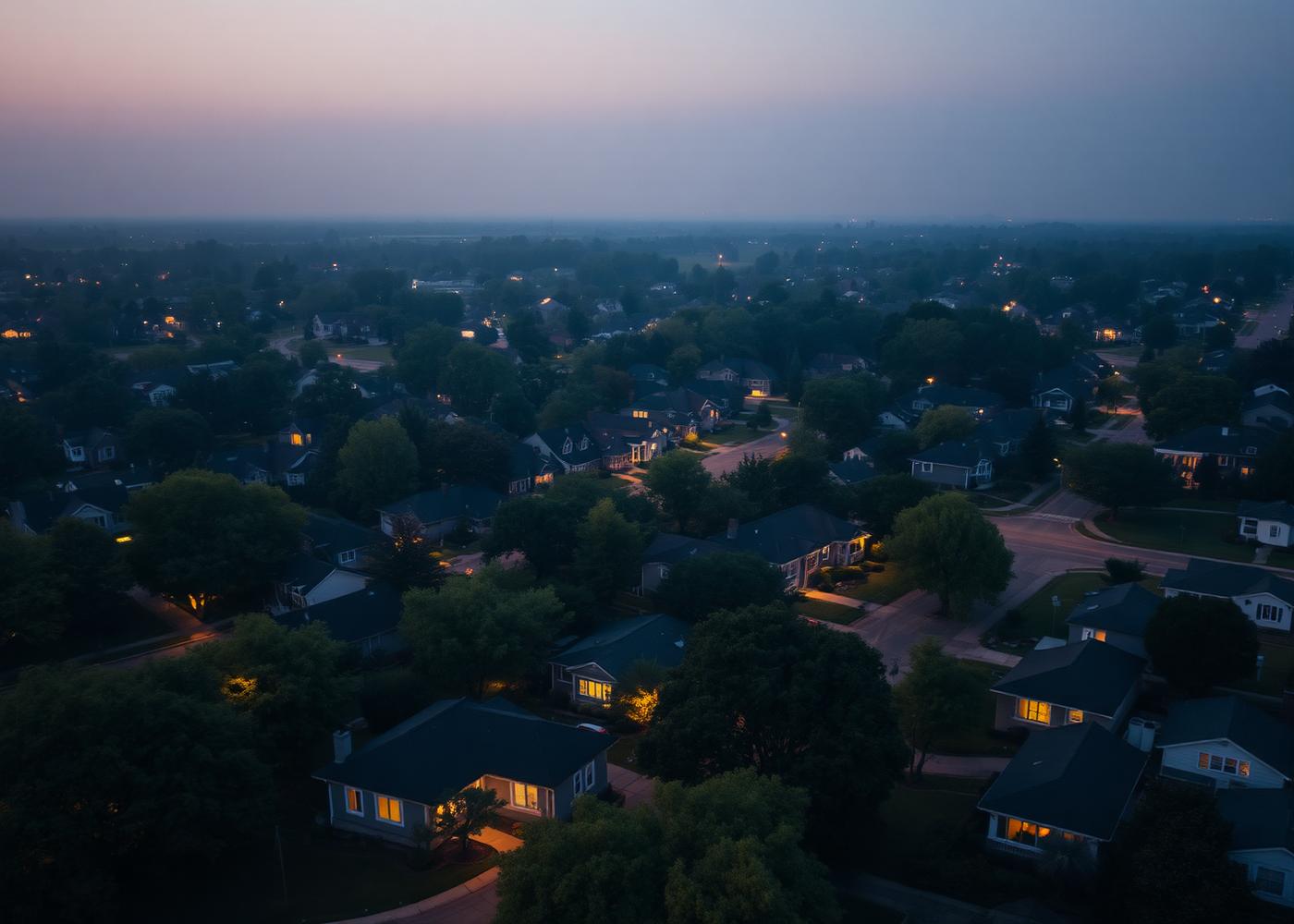 An established residential neighborhood photographed at dusk