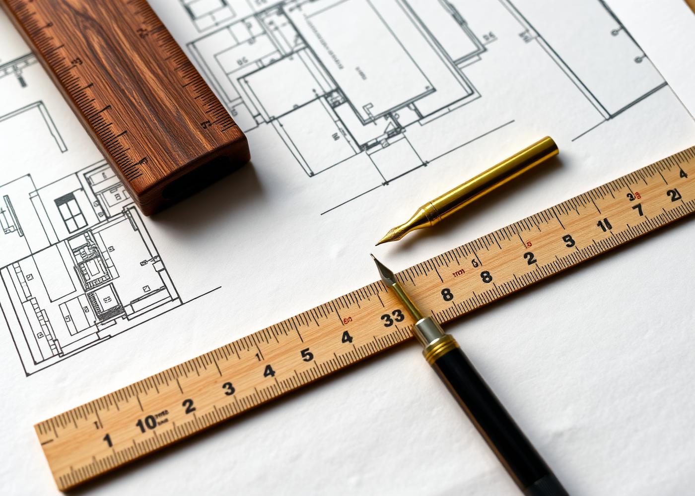 Architectural plans and drafting tools on a warm ivory surface